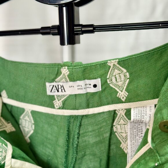 Zara | Green Embroidered Linen Pants | Size L - Picture 4 of 7